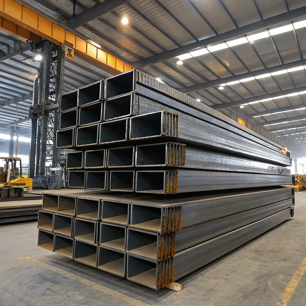 Stack of steel beams in a warehouse